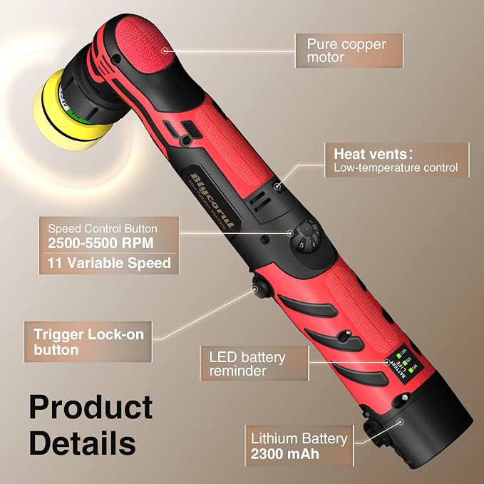 Cordless Mini Polisher,1/1.5/2Inch,DA&RO with 11 Variable Speed 2500-6000 RPM,2.3Ah Rechargeable Battery,Red Car Detailing Micro Polisher