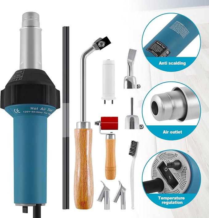1600W 110V Hot Air Welder Heating Gun, TPO PVC Vinyl Welding Kit with Welding Speed Nozzle Roller Rod Carry Case, 40-600℃ Adjustable Temperature, Handheld Hot Air Torch Plastic Welding Gun