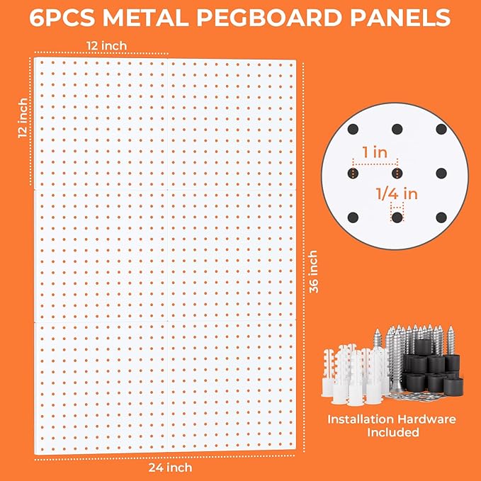 INCLY 90PCS Metal Peg Board Kit with 1/4" Pegboard Accessories, 6 Pack White Peg Board Panels, Bins, Cups and Peg Board Hooks, Paper Towel Holder,Pegboard Wall Organizer for Craft Room, Office, Sewing