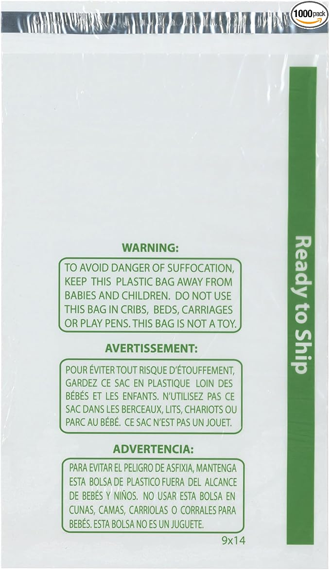 Plymor Ready to Ship 1.5 Mil Wicketed Poly Bags with Permanent Adhesive Strip and Suffocation Warning, 9" x 14" (Case of 1000)