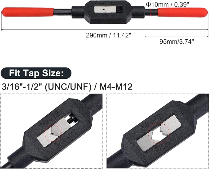 uxcell Adjustable Tap Wrench Handle for 3/16"-1/2" (UNC/UNF) / Metric M4-M12 Taps, Thread Tap Holder Reamer Hand Tapping Tool for Machinist Repair with Plastic Dipped Handle