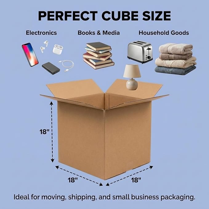 Box USA Cube Shipping Boxes 18"L x 18"W x 18"H (20-Pack) - Medium Corrugated Cardboard Packaging Boxes for Shipping, Packing, Moving, and Storage at Home, Office, or Business