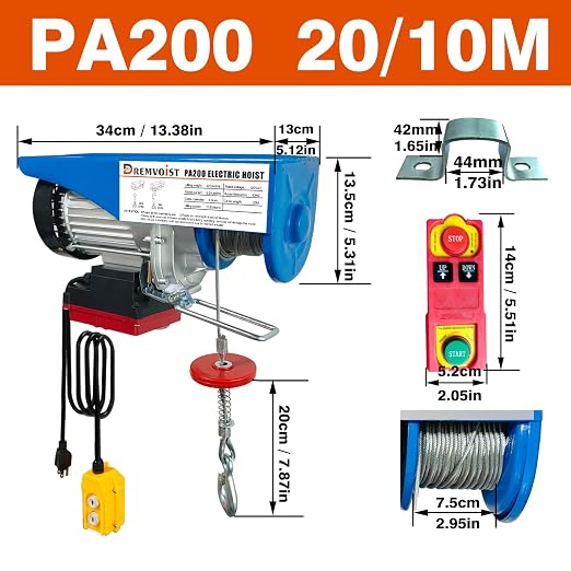 Electric Hoist with Remote Control,440lbs Lift Electric Hoist 110 Volt Wireless/Wired 2 in 1,Electric Hoist Winch with 33/66FT Lifting Height,Factories,Garage,Construction Site,Warehouses