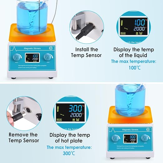 Slendor Magnetic Stirrer Hotplate Mixer - 2000 RPM Hot Plate Max 300℃/572℉ Lab Heating Plate Stirrers with LED Digital Display, Stir Bar, Temp Sensor and Support Stand