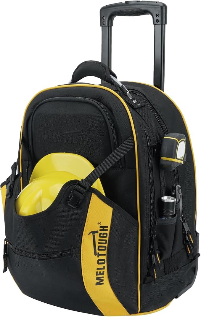 MELOTOUGH Rolling Tool Bag with Telescoping Handle 35 Pockets Wheeled Electrician Backpack Tool Bag For Men,Water Resistant Tool Storage Organizer Including Laptop Sleeve (Yellow）