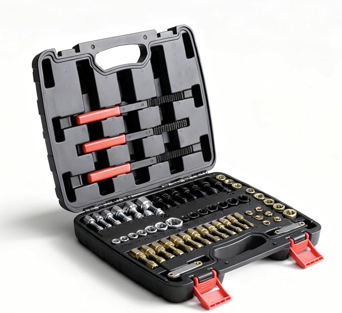 61Pcs Thread Restorer Tool, Metric and SAE Dual-Standard Taps and Dies, UNC/UNF/M6-M14 Thread Chasers, Heat-Treated Carbon Steel for Automotive and Mechanical Repair