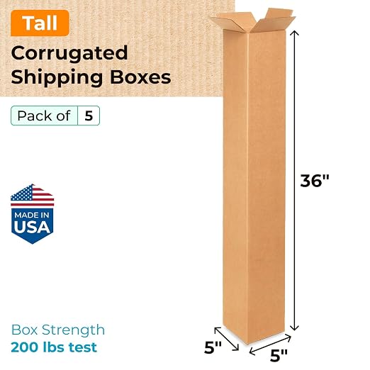Tall Moving & Shipping Boxes 5 x 5 x 36 inches (5-Pack) - Extra Strength 200 lb vs Regular - USA-Made Corrugated Cardboard Boxes for USPS/UPS/FEDEX - Strong Moving Box - Shipping Box by IDL Packaging