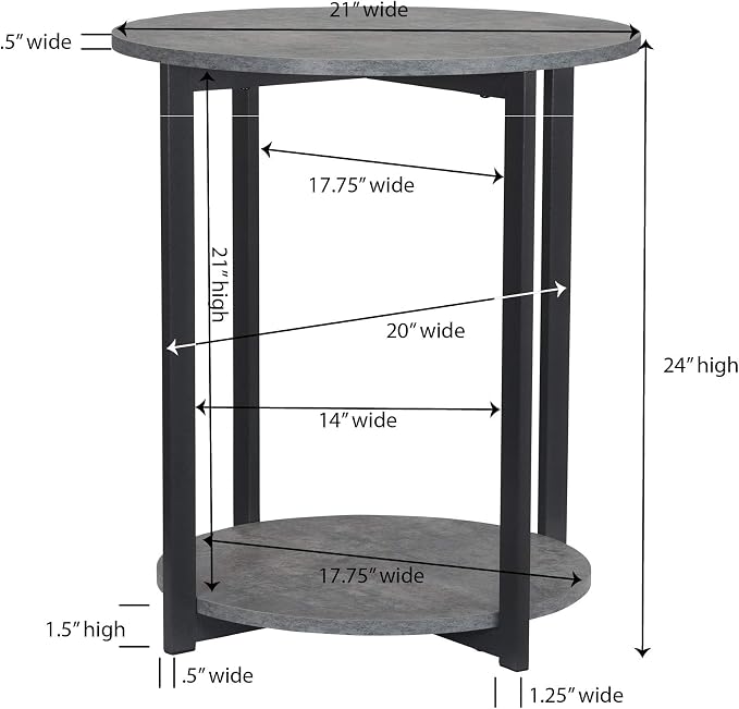 Household Essentials Jamestown Round Side End Table with Storage Shelf Rustic Slate Concrete and Black Metal