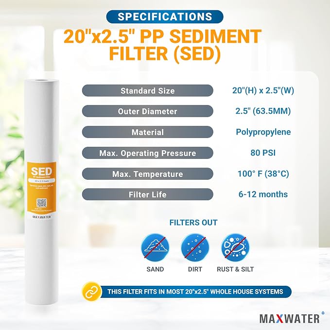 Max Water Slim Blue 5 Micron 20 inch x 2.5 inch Whole House Melt-Blown Polypropylene Sediment Water Filter Replacement Cartridge (Pack of 9)