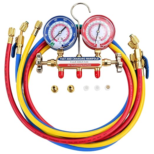 42201 Manifold Gauge Set, 3-1/8" (80mm) Anti Vibration Gauges, 60" Y/R/B Hoses with Compact Ball Valves, 1/4" Fittings, 2 Valve, 6 Dust Plugs, for HVAC Test and Charging of R-22, R-404A, R-410A
