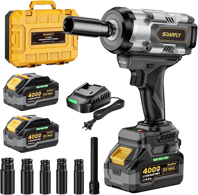 SOARFLY 1/2" Cordless Impact Wrench, 1500N.m (1106 Ft-Lbs) High Torque, 21V Brushless Impact Gun with 2x 4.0Ah Batteries, Variable Speed, LED Light, 5 Sockets for Truck RV Car Heavy Construction