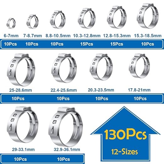 130Pcs 12-Sizes 304 Stainless Steel Single Ear Hose Clamps with Ear clamp plier 6-36.1mm Crimp Hose Clamps Assortment Kit for Auto/Home Appliance/Pipe/Fuel Line Stepless hose clamp with pincer