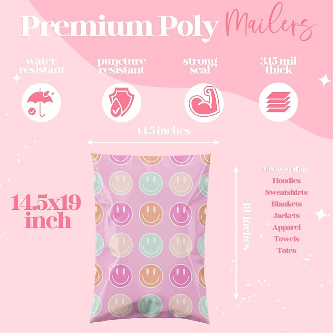 Pretty Package Store Designer Poly Mailers 6x9, Smiley Face, 100 Pack | Heavy Duty, Waterproof, Self Seal, Tear Resistant, Shipping Bags for Small Business Packaging, Bulk Mailing Envelopes