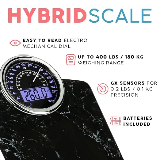 Hybrid Bathroom Scale - Analog & Digital Display, Accurate to 400 lbs | See weight on both an analog dial and digital LCD at once. Wide glass platform, accurate to 0.2 lbs, batteries included.