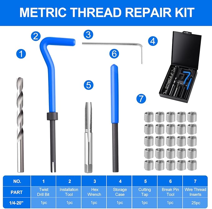 30PC SAE Helicoil Thread Repair Insert Kit， 1/4-20 inch Rethread | helicoil Thread Repair kit with HSS Drill Bits, Rethreading Inserts Tool Set for Damaged Thread Repairing with Carry Case