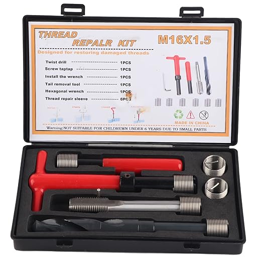 Thread Repair Kit M16x1.5mm, Stainless Steel, 11 Pieces, Including Hexagon Wrench, Tap, Drill, Breaker, 6 Threaded Inserts