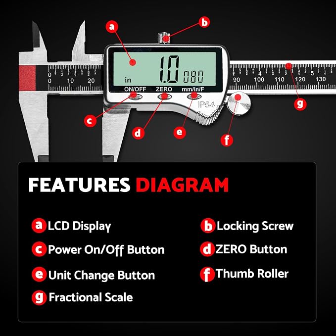 S&F STEAD & FAST Digital Caliper Measuring Tool 6 inch with Extra Large LCD Screen, Stainless Steel Micrometer Caliper Digital IP54, Measures Inch Mm Fraction for Workshop, 3D Printing