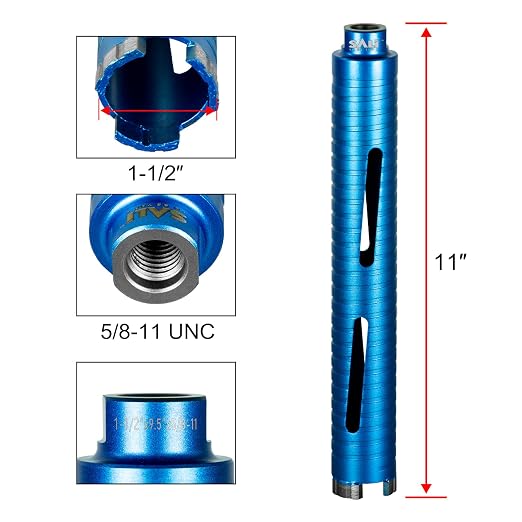 SALI Diamond Core Drill Bits 1 1/2" Diameter 10"/254mm Drilling Depth 5/8-11" Thread Core Bit Turbo Laser-Welded Segments for Cured Concrete with Brick, Block, Masonry, with Two Adapters