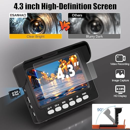 ESANAHO Sewer Camera 100FT/30M Borescopes Plumbing Snake Pipe Inspection Camera DVR & Audio Recorder 22MM with 5600Mah Battery 4.3" IPS Screen 12 LEDs HD 1000TVL 32GB Card