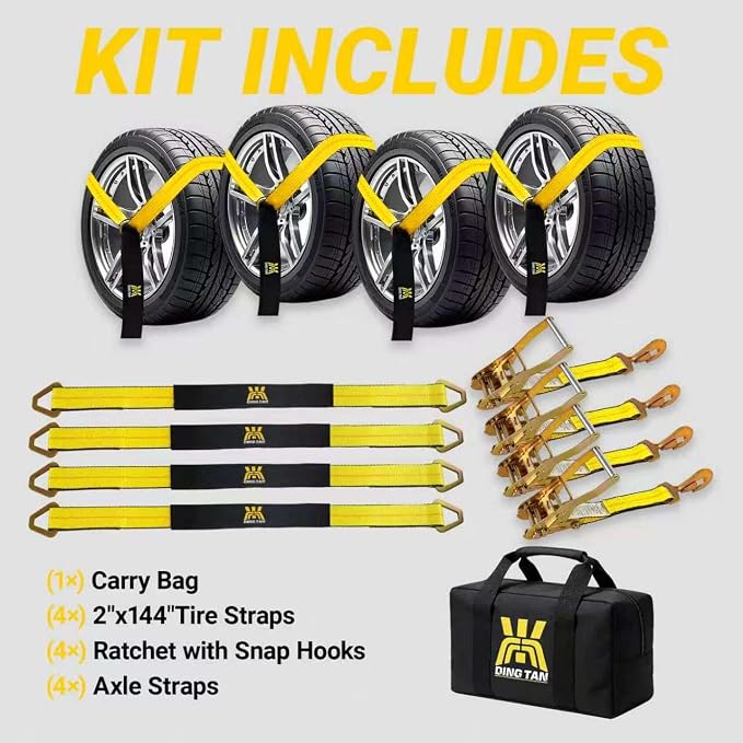 Car Tie Down Straps for Trailers, 4 Pack 2" x 144" Heavy Duty Car Hauler tire Straps, 10,000 lbs Break Strength, Ratchet Straps with Snap Hooks & Axle Straps for Cars, SUVs, Trucks, ATVs & UTVs