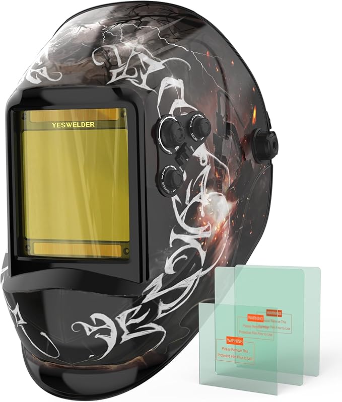 YESWELDER Large View Auto Darkening Welding Helmet, Blue Light Blocking, 1/1/1/1 True Color Solar Powered Welder Hood Mask with 4 Arc Sensors, Wide Shade 3/5-9/9-13 for TIG MIG ARC Cut and Grind