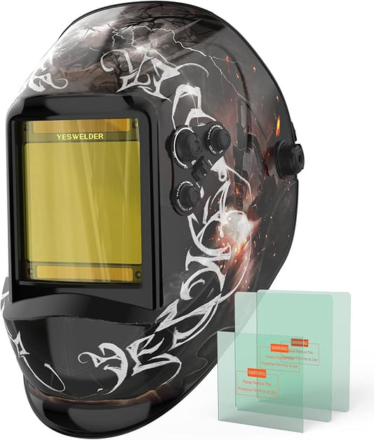 YESWELDER Large View Auto Darkening Welding Helmet, Blue Light Blocking, 1/1/1/1 True Color Solar Powered Welder Hood Mask with 4 Arc Sensors, Wide Shade 3/5-9/9-13 for TIG MIG ARC Cut and Grind