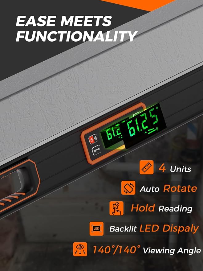 Mecurate 48-Inch Digital Level, Professional Smart Precision Torpedo Level Tool, Bright LCD Display, Audible Alerts, Magnetic Bottom, Dust Water Resistant, with Carrying Case