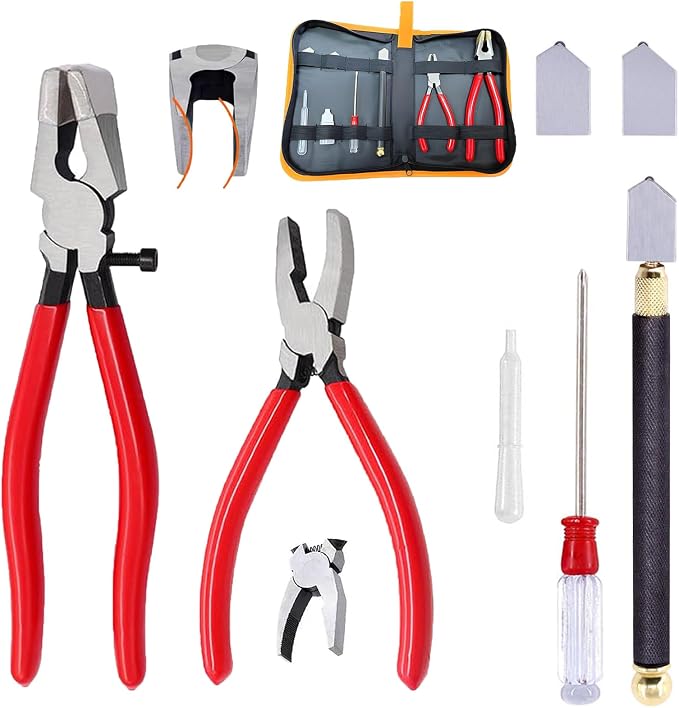 Tayfeim Glass Cutters Tools Set Glass Cutting Tool kit Glass Cutter Glass Running Pliers Breaker Grozer Pliers Stained Glass Tools with Curved Jaws Zipper Package