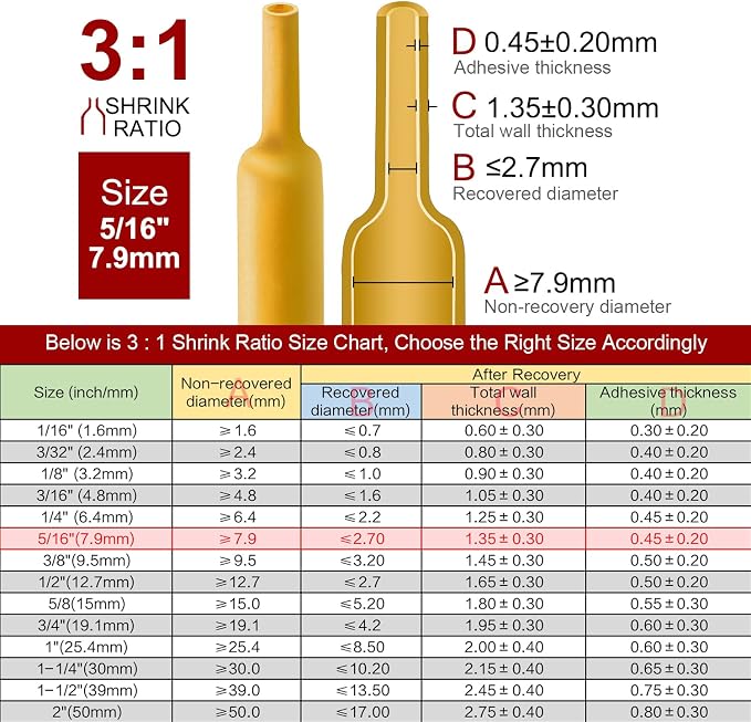 Chanzon 3:1 Ratio - 80ft Roll - Heat Shrink Tubing 5/16" (7.9mm) - Marine Grade Waterproof Adhesive Lined - (25M Total Length) Yellow Polyolefin Sleeving Wrap Shrinking 3 to 1 Ratio 1pcs
