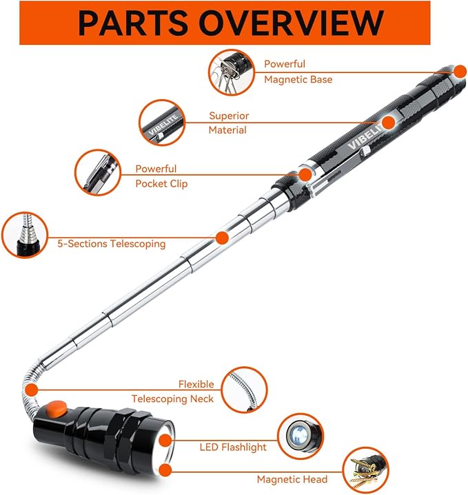 VIBELITE Gifts for Men, Magnetic Pickup Tool with LED, Telescoping Magnet Flashlight, Cool Gadgets Birthday Gifts for Him, Dad, Teen Boys, Husband, Handyman, Boyfriend, Mens Gifts, Black