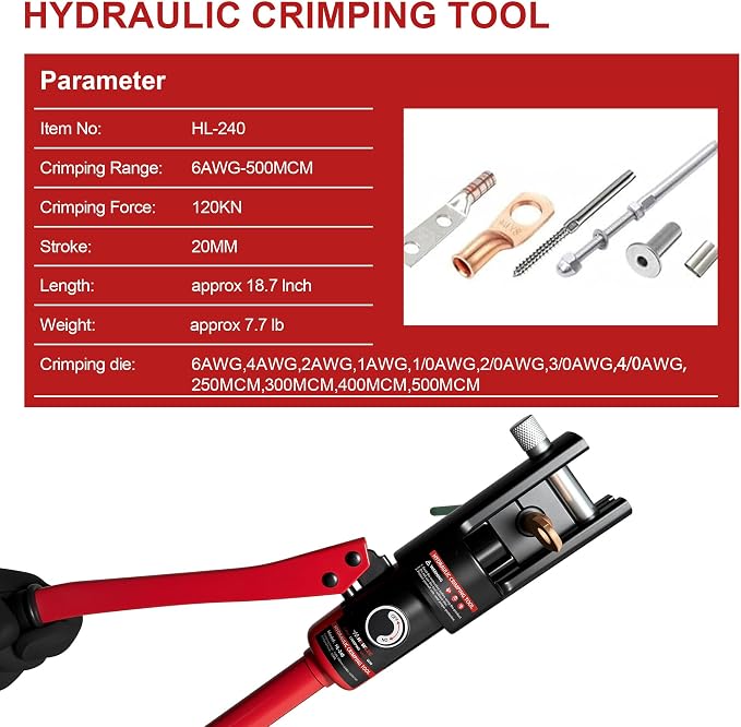 Hydraulic Crimping tool for Battery Cable Crimper | 12 Pairs Standard US dies Range 6AWG-500MCM | MAX 16TON Crimping Force | Upgrade the Hydraulic System to Prevent Oil Leakage