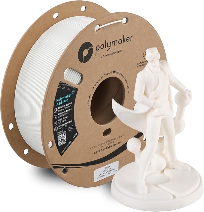 Polymaker ABS Pro 3D Printer Filament 1.75mm, White 1kg Engineering Grade ABS with High Heat Resistance, Durable, Tough, for Functional Parts, Printer Components & Prototypes