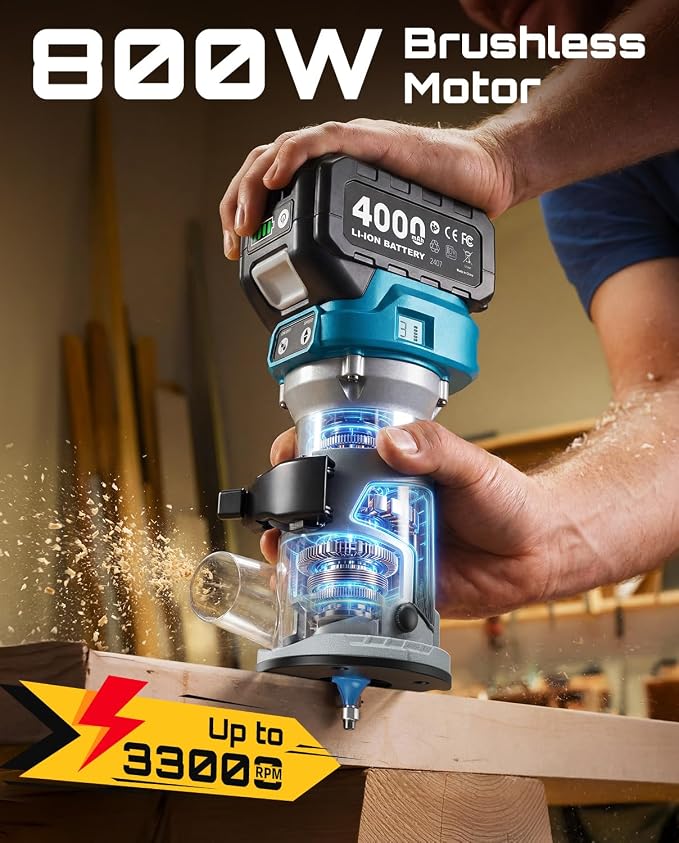 SEESII Cordless Wood Router, 21V Brushless Compact Palm Router with 2×4.0Ah Battery, Aluminum Base, LED Display, Dust Extraction, 6-Speed Adjustment & 8PCS 1/4"Router Bits, Trimmer for Woodworking