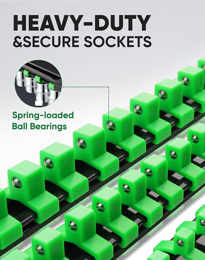 ALOANES 6PC Socket Organizer, Socket Rails Fit 1/2", 1/4" and 3/8" Drive | Heavy Duty ABS Socket Holders Hold up 86 Sockets for Mechanics Toolbox Drawer Bags(Green)