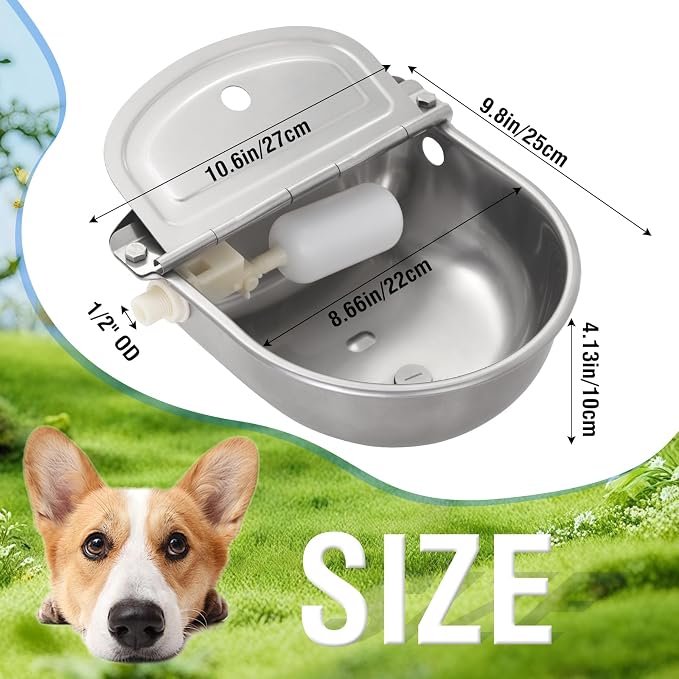 2 Pack 304 Stainless Steel Automatic Livestock Waterer with Float Valve & Drainage Hole– Animal Watering Bowl for Dog, Horse, Goat, Pig, Chicken, Easy-Clean Water Bowl for Outdoor Farm Use