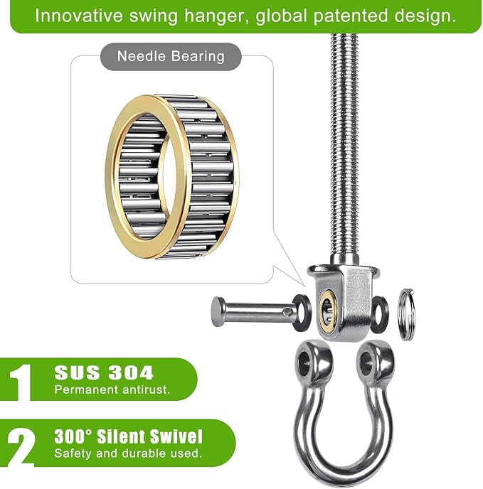 BeneLabel Heavy Duty Swing Hangers with Bearings - Set of 4 Stainless Steel 304 Hardware for Wood & Metal Beams - Ideal for Hanging Hammocks, Yoga Swings, Porch Swing - 1500LB Capacity - 7" x M2/5"