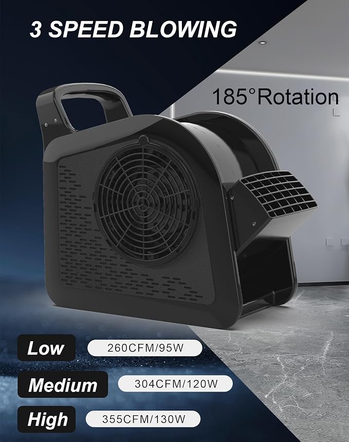 Utility Fan, 355CFM High Velocity Air Mover Floor Fan with 3 Speeds and 185° Rotation, Carpet Dryer with Removable Filter for Drying, Cooling, Ventilation for Job Site, Home Use, 12", Black