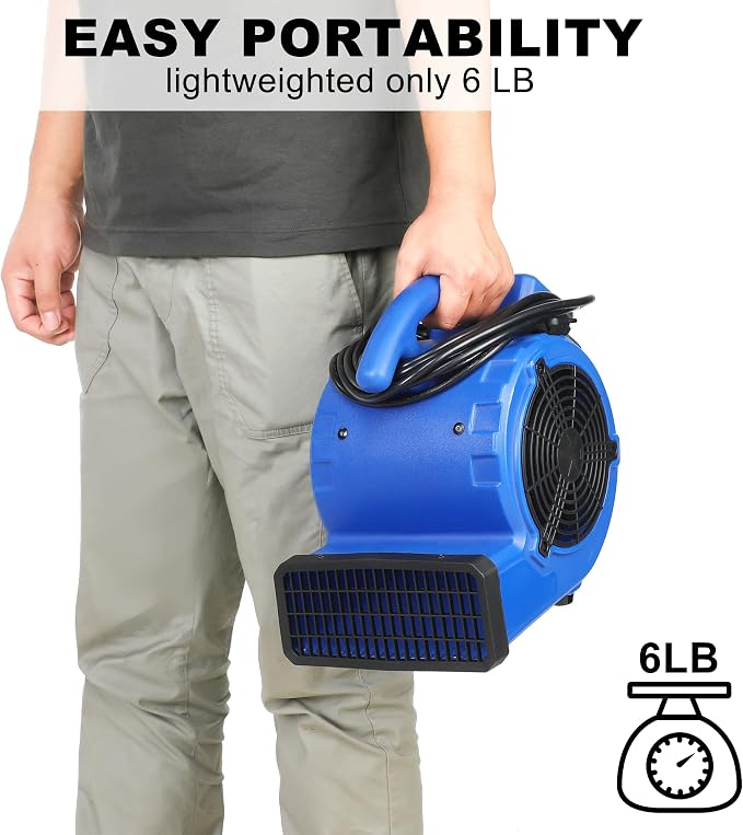 Simple Deluxe Blower Fan, 305 CFM Mini Floor Air Mover for Water Damage Restoration Carpet and Floors Dryer, Home and Plumbing Use, 16ft Power Cord, Blue