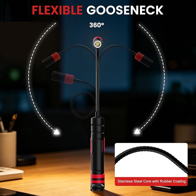 Magnetic Flashlight with Flexible Gooseneck, Rechargeable Work Light LED Flashlight and Magnetic Pickup Tool, Mechanic Light for Work Bench, Auto-Repairing, Inspection, Emergency