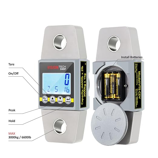 VisionTechShop Crane Scale, Dynamometer for Force, Tension and Weight, VTS-CDY 6600lb/3000kg Lb/Kg Switchable, Heavy Duty Compact Hanging Scale, LCD Display with Backlight, 2 Shackles