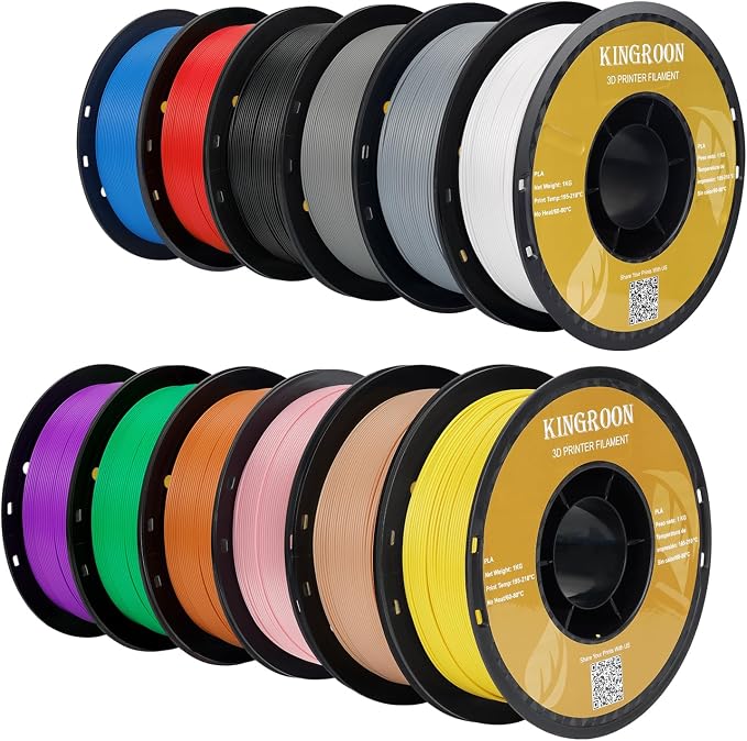 Kingroon PLA 3D Printer Filament, 12Rolls, Dimensional Accuracy +/- 0.03 mm, 12kg Spool(26.4lbs), 1.75 mm，Black White Grey Red Green Yellow Purple Skin Blue Silver Pink Orange