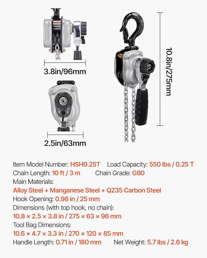 VEVOR Manual Lever Chain Hoist, 1/4T 550LBS Capacity Heavy Duty Come Along, 10FT Lift G80 Alloy Steel Chain with Dual Pawl Mechanical Brake,360°Rotating Hooks, for Warehouse Construction Garage