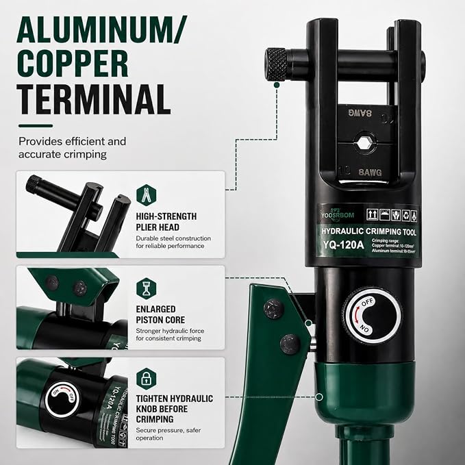 12 Ton Hydraulic Crimping Tool, 6AWG-4/0AWG (250MCM) Battery Cable Lug Crimper with 8 Pairs of Dies, Industrial Grade Hydraulic Wire Terminal Crimping Tool