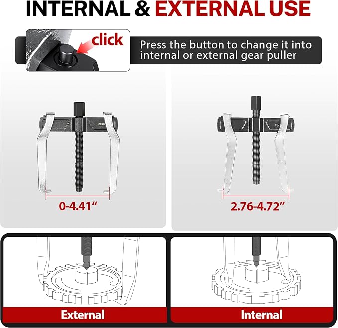 BILITOOLS 4" 2 Jaw Gear Puller, Small Bearing & Pulley Removal Tool, Internal External Reversible for Flywheel, Gears & Pulleys