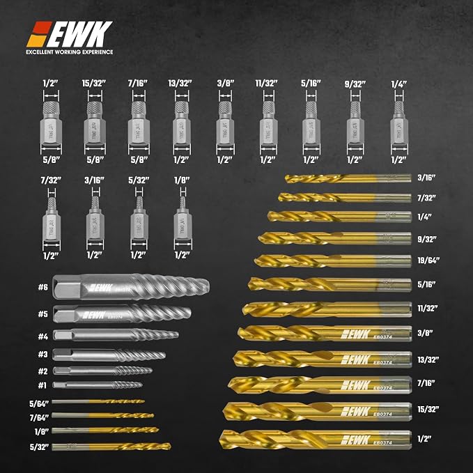 EWK 35-Piece Screw Extractor Set with Left-Hand Drill Bits, Spiral Screw Extractors, and Multi-Spline Removers for Stripped Screws, Broken Bolts, Rusted Fasteners, and Damaged Hex Heads