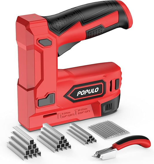 POPULO Electric Staple Gun, 2 in 1 Electric Stapler Tacker 4V Cordless Brad Nailer Kit, Battery Powered Nail Gun for Upholstery, Carpentry, DIY with Staple Remover, 1600 Staples and Nails, Red