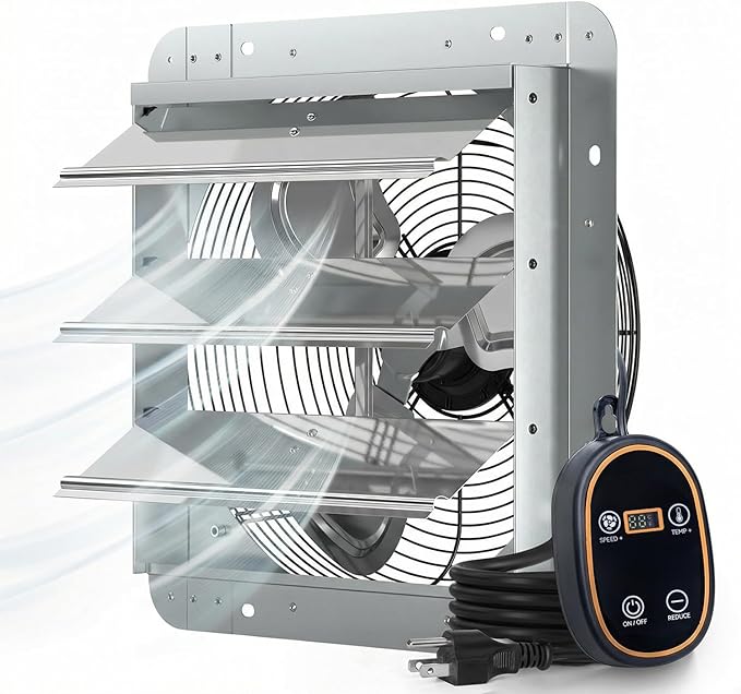 Amico 14" Shutter Exhaust Fan with Thermostat, 1775 CFM High Airflow Attic Fan for Garage up to 2500 Sq.Ft, 35W EC Motor 8-Speed Vent Fan, Auto-Close Louvers, Wall Mount, Plug & Play, FCC