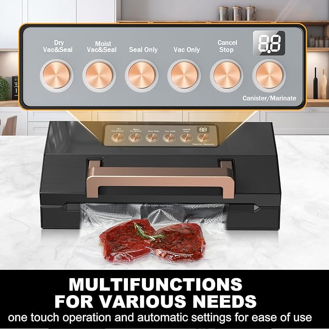 Powerful Suction Vacuum Sealer Machine,Commercial Fully Automatic Food Vacuum Sealer with Double Heat Seal,Dry & Moist Modes,Built-in Cutter,Bags Storage,Easy-Lock Handle,Include 2 Bag Rolls (Black)