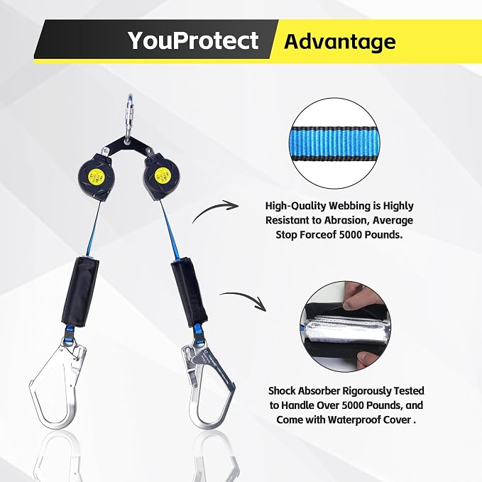 6 FT Dual Leg Self-Retracting Lifeline Web Lanyard Retractable, 2.36 inch Gate Opening Twin Steel Locking Hooks, Double Yoyo, Shock Absorber | Fall Protection OSHA & ANSI Compliant SRL