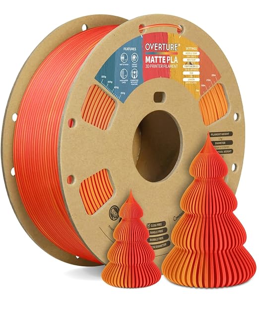 OVERTURE Matte PLA 1.75mm, Low Warp & Smooth Finish 3D Printer Filament | Frosted Matt Finish Hides Layer Lines, 1kg Spool (2.2lbs) Cardboard Spool, Fit Most FDM Printer (Matte Orange-Red)